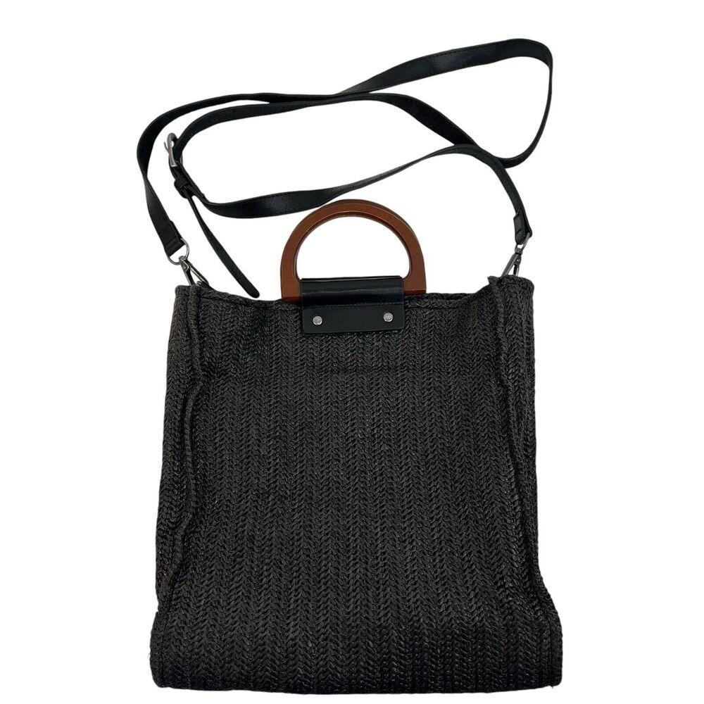 Most Wanted MW Crossbody Bag Woven Style Wood Handle Bag Adjustable Strap Black